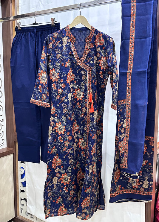 Angrakha Floral cotton suit with lining, Pant & Dupatta
