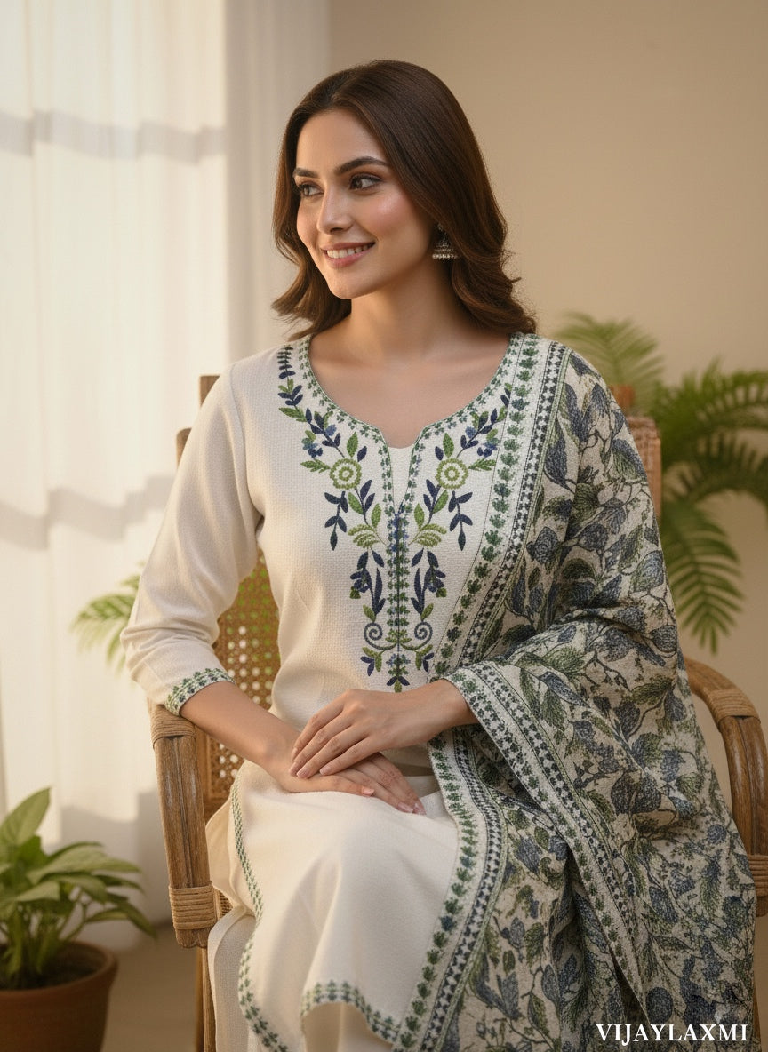Off White Embroidered Cotton Flex Suit Set with Cotton Silk Dupatta