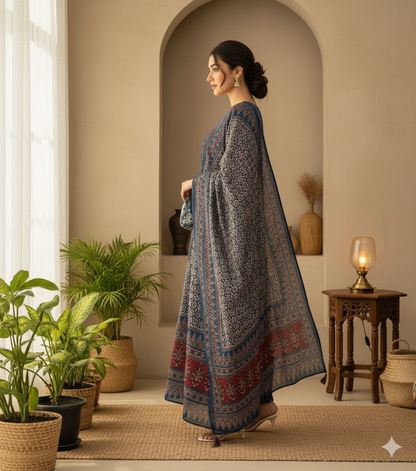 Mehar Anarkali Cotton Kurti Pant Dupatta Set – Thread & Lace Work (Only Pre-booking)