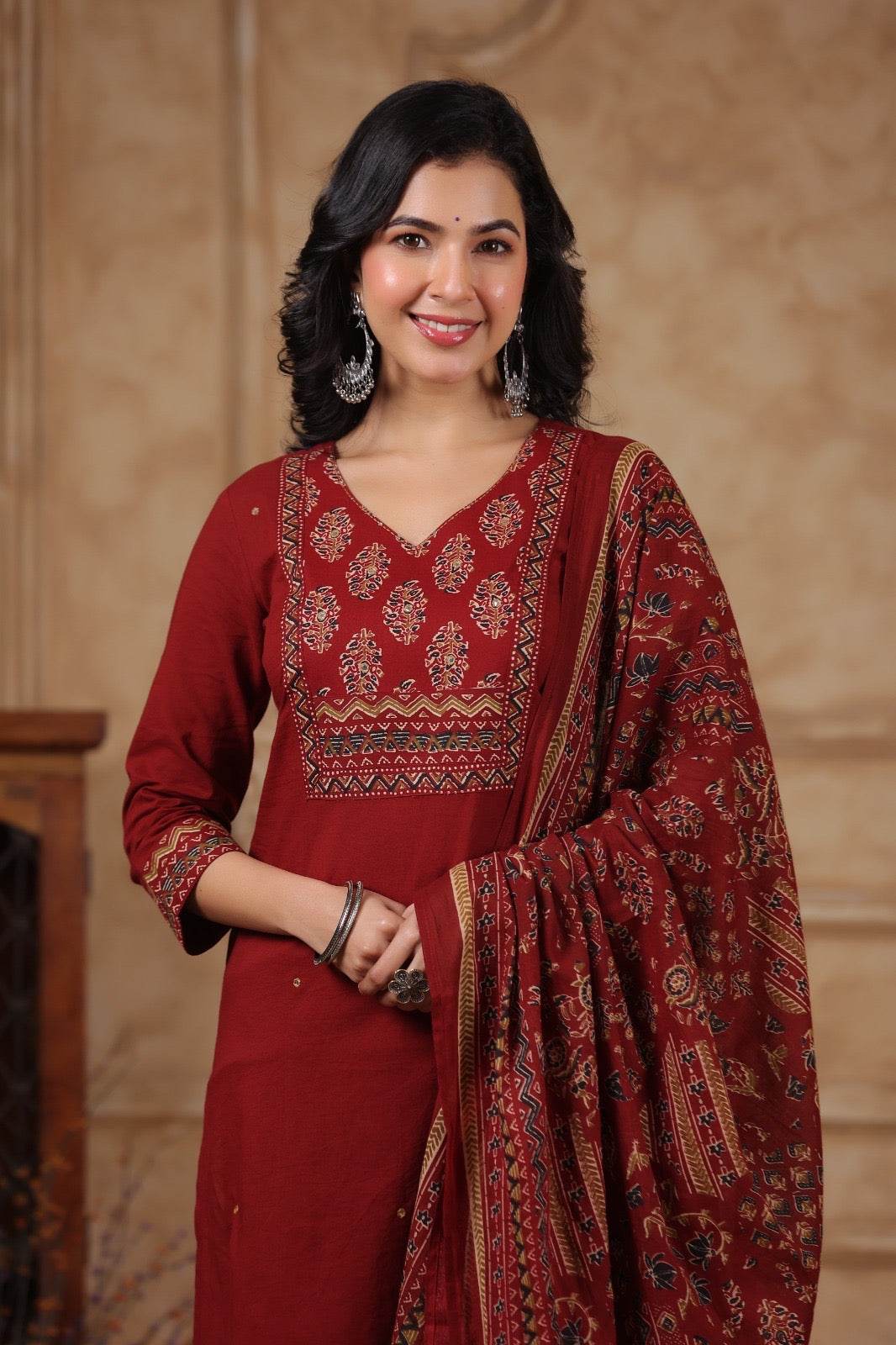Ajrakh Printed Cotton Suit For Women - Vijay Laxmi
