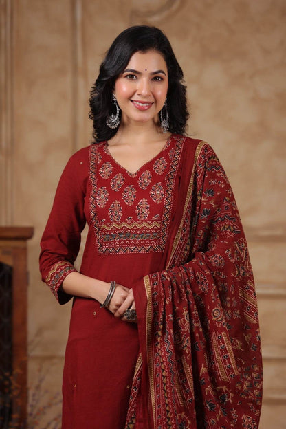 Ajrakh Printed Cotton Suit For Women - Vijay Laxmi