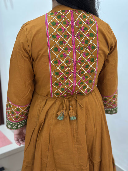 Gulzar Anarkali Cotton kurta Set with dupatta mustard