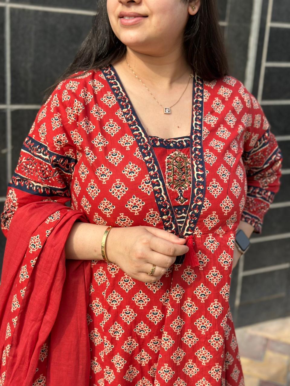 Aarohi Cotton Frock suit with dupatta & pants Red