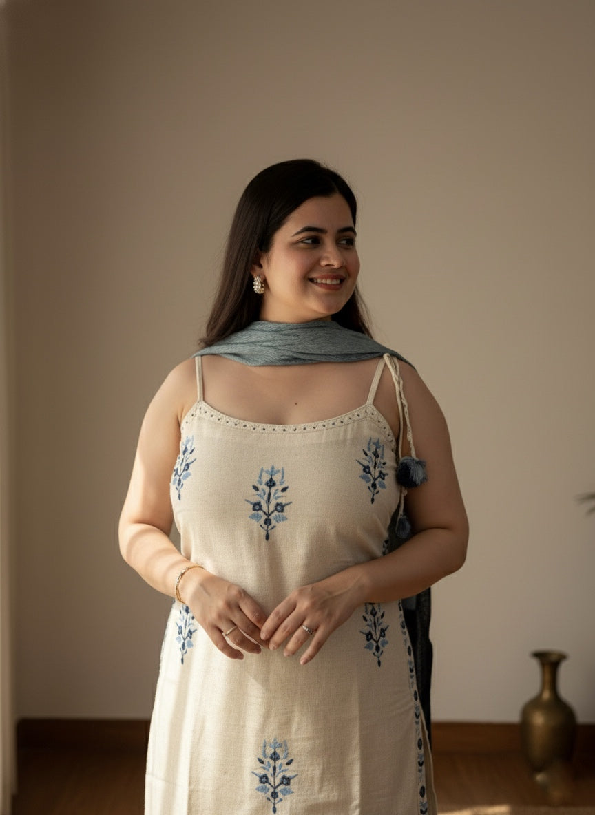 Sleeveless Thread Work Cotton Suit For Women