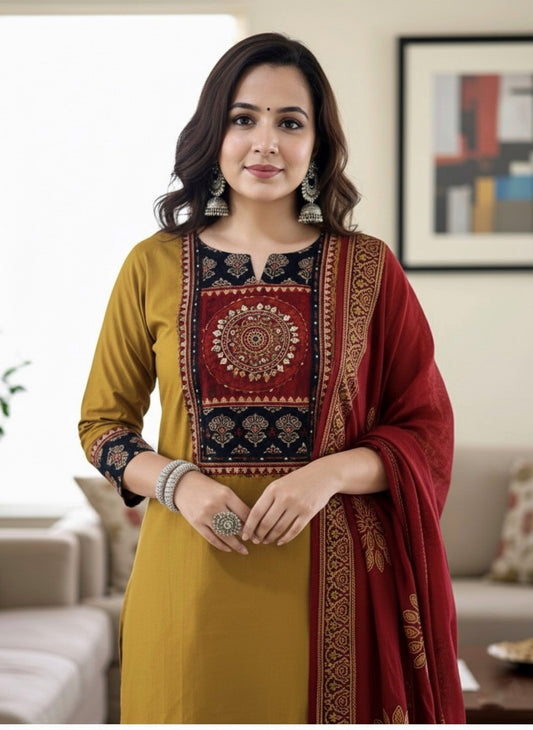 Mustard Arjakh Cotton Kurti Pant Dupatta Set – Thread & Lace