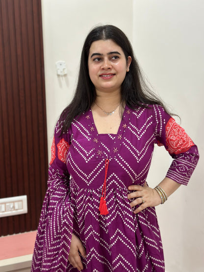 Gulzar Bandhani Anarkali Cotton kurta Set with dupatta purple