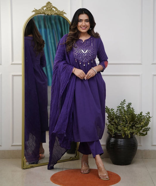 Deep Purple Cotton Kurti Pant Dupatta Set – Threadwork & Mirror Work