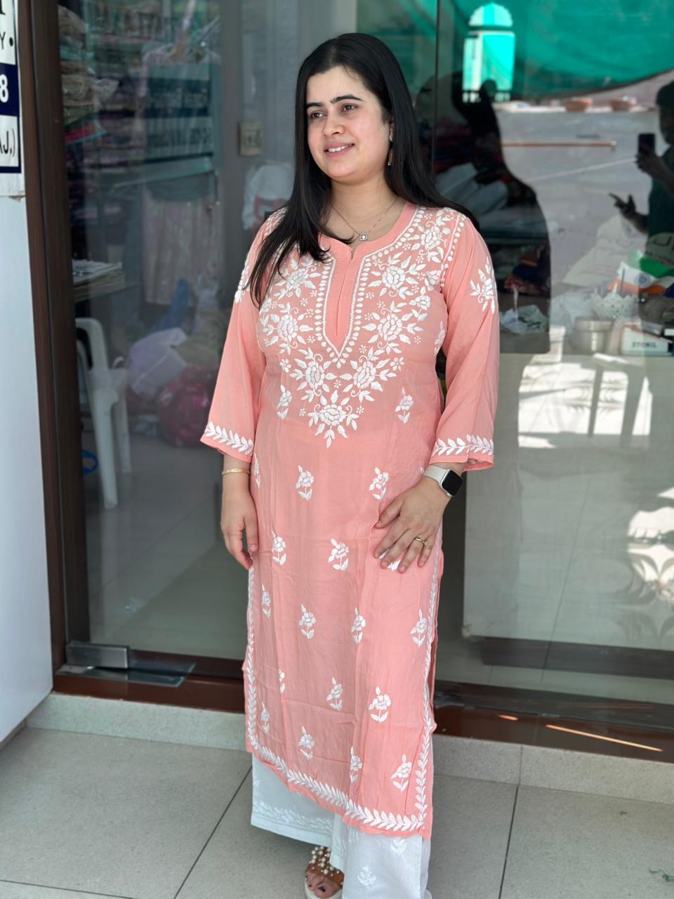 Chikankari Modal Kurti Peach