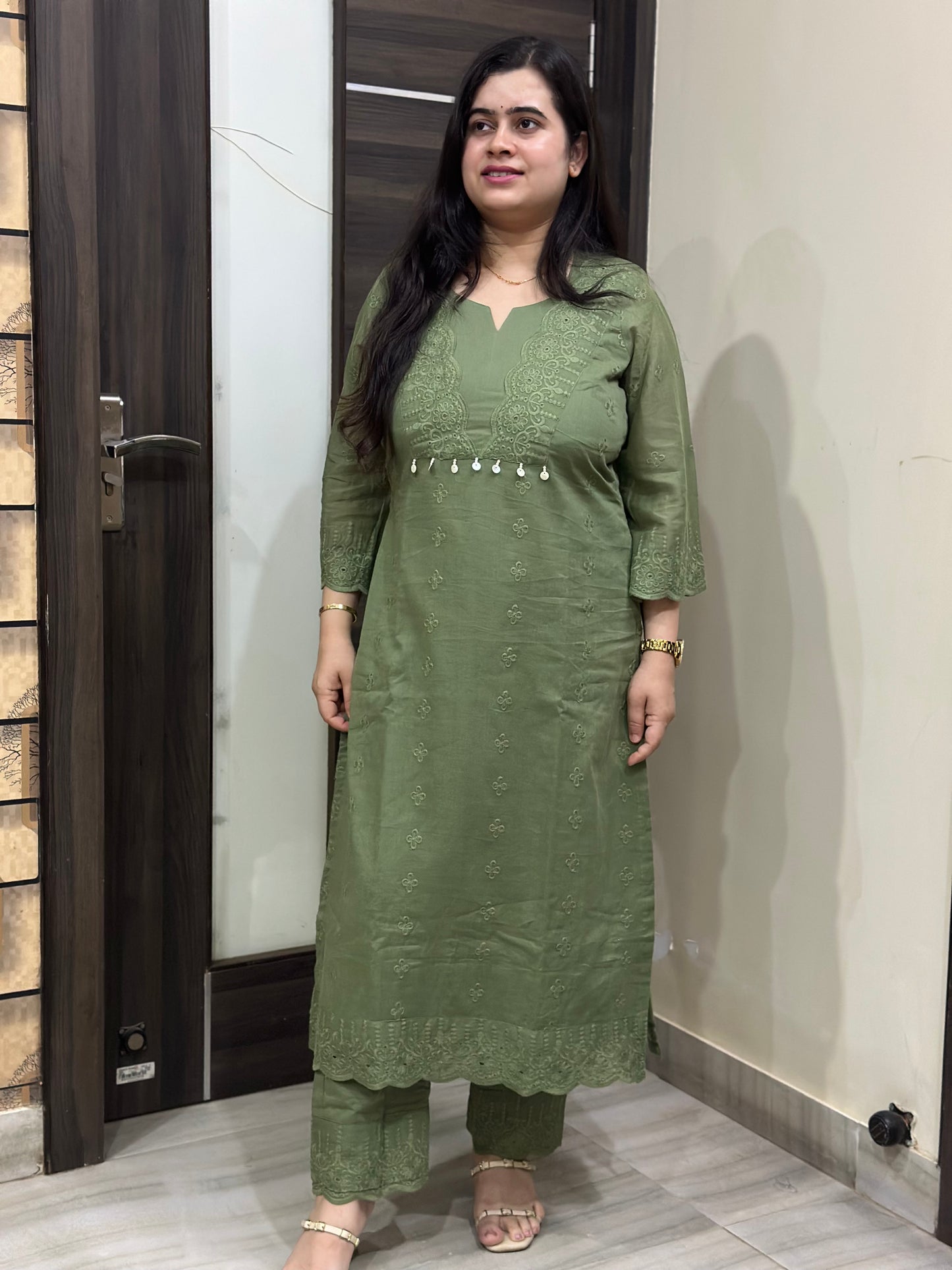 Mehar premium chikankari cotton Kurta & Pant with cotton lining Olive