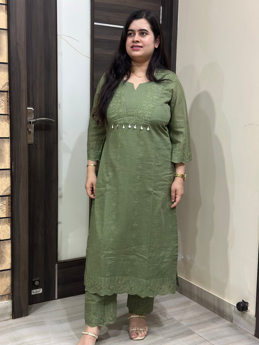 Mehar premium chikankari cotton Kurta & Pant with cotton lining Olive