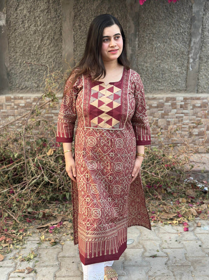 Airy Bagru Cotton Kurti for women rust - Vijay Laxmi