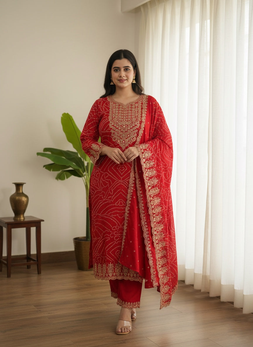 Maharani Handcrafted Bandhej  Embroidery Suit Set Red