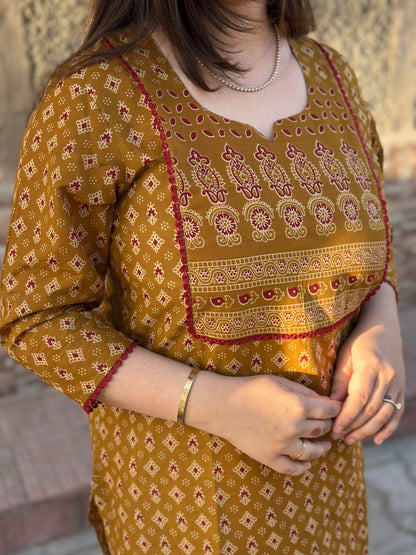 Airy Cotton Arjakh Kurti for women mustard - Vijay Laxmi