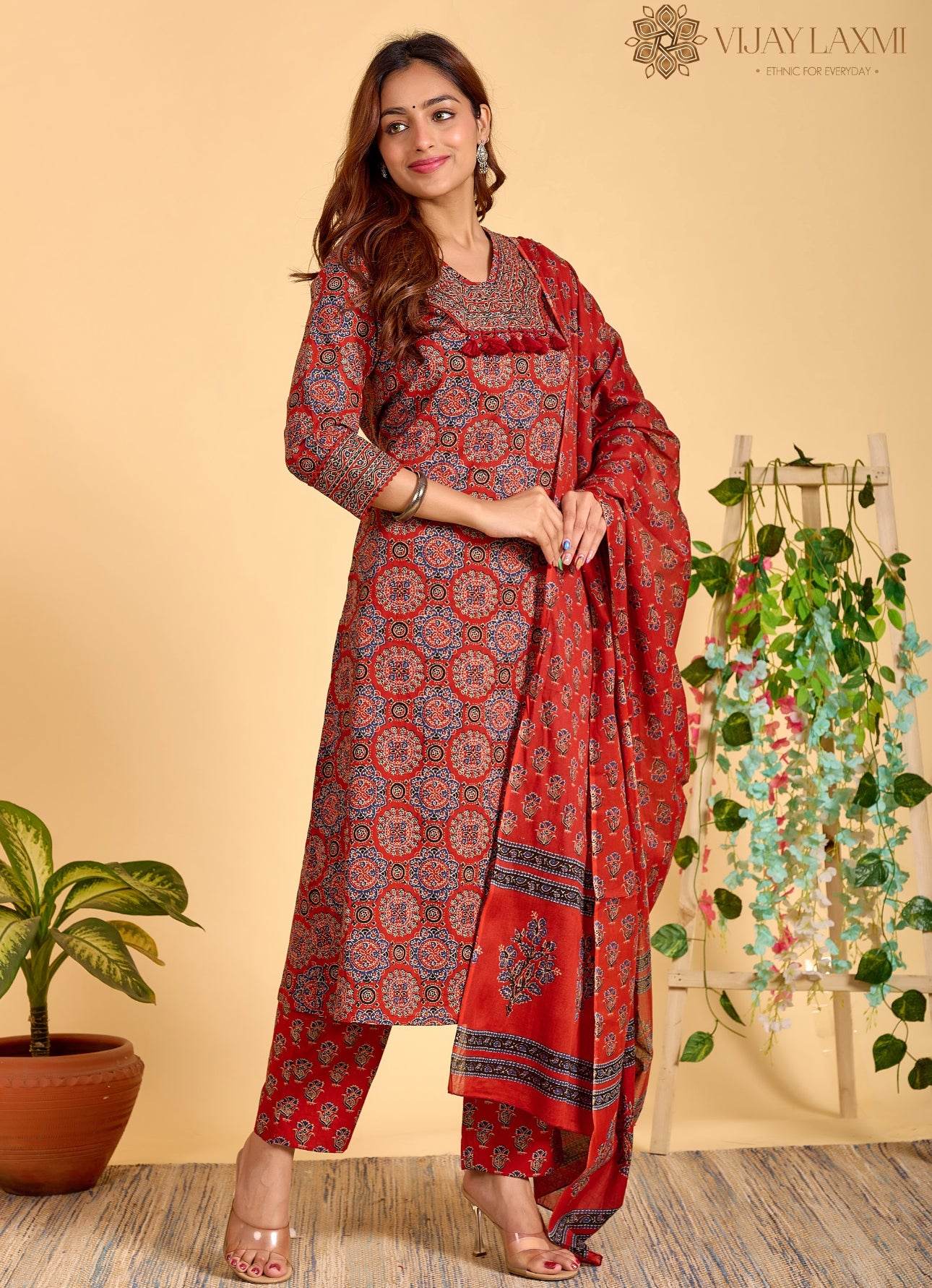Ajrakh Printed Cotton Suit For Women - Vijay Laxmi
