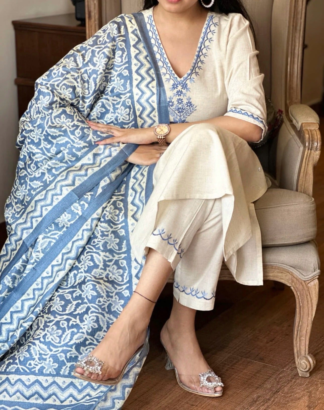 Off White Embroidered Cotton Flex Suit Set with Cotton Silk Dupatta