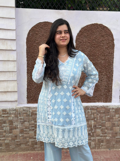 Gulmohar Chikankari Cotton Cord Set for women blue