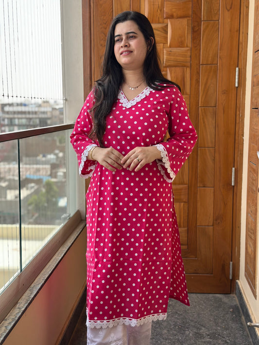 Gulmohar Cotton kurti for women polka dot pink