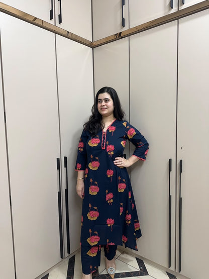 Navy Blue Floral Printed Kurta Pant Set for Women