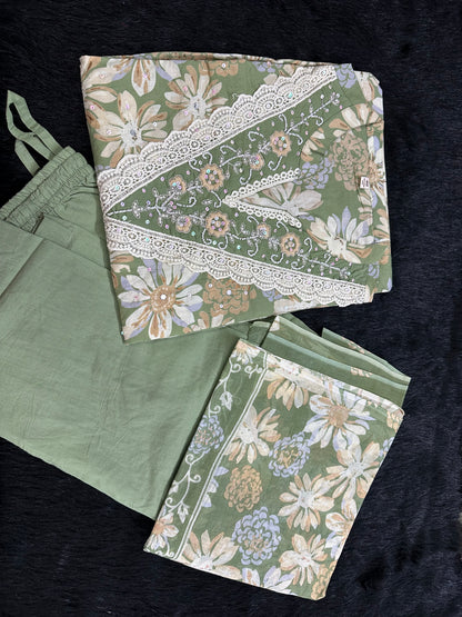 Luxury Floral Cotton Embroidery Suit Set