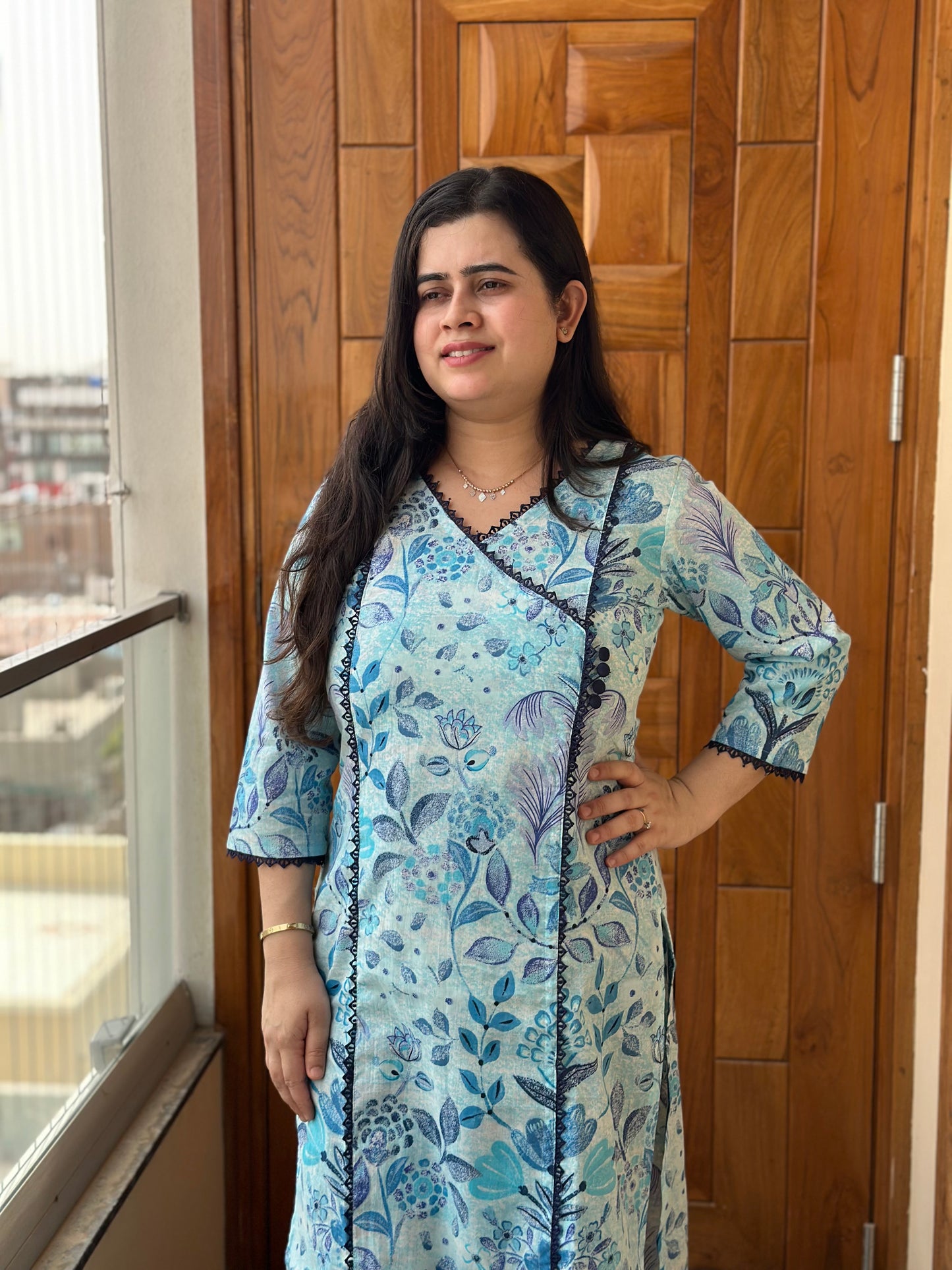 Gulmohar Cotton kurti for women angrakha blue