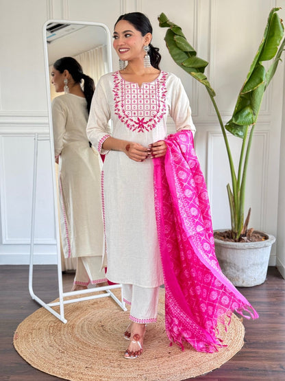 Off White Embroidered Cotton Flex Suit Set with Cotton Silk Dupatta