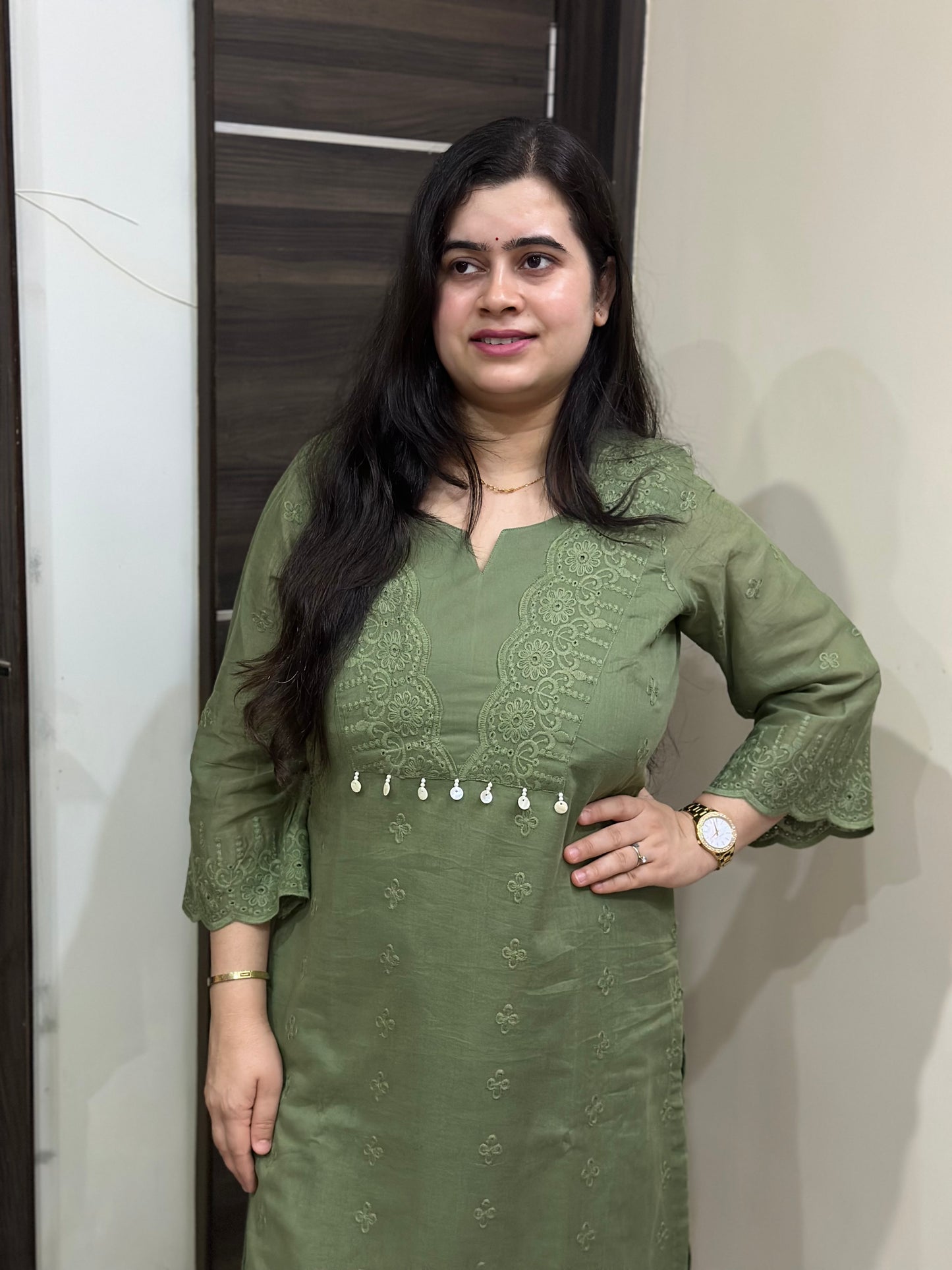 Mehar premium chikankari cotton Kurta & Pant with cotton lining Olive