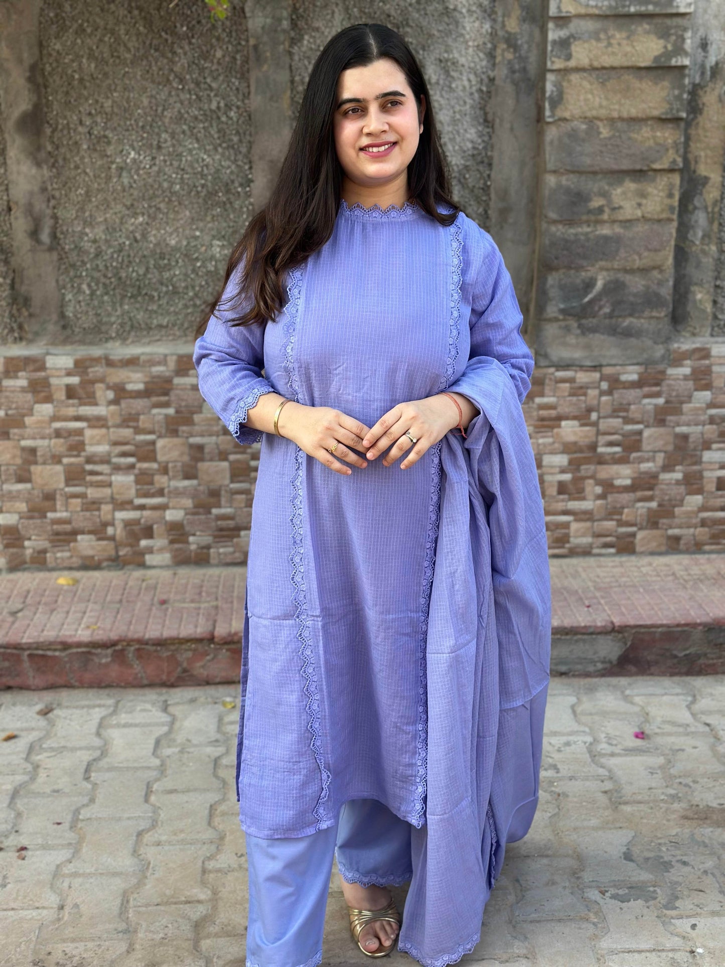Lavender queen Kota Cotton kurta Set with pants and dupatta - Vijay Laxmi