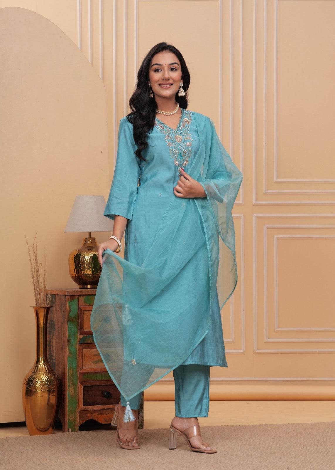 Modal Silk suit with organza dupatta - Vijay Laxmi