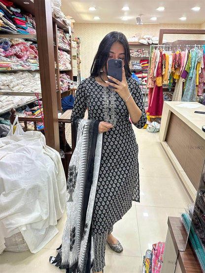 Black Print Cotton Suit - Vijay Laxmi