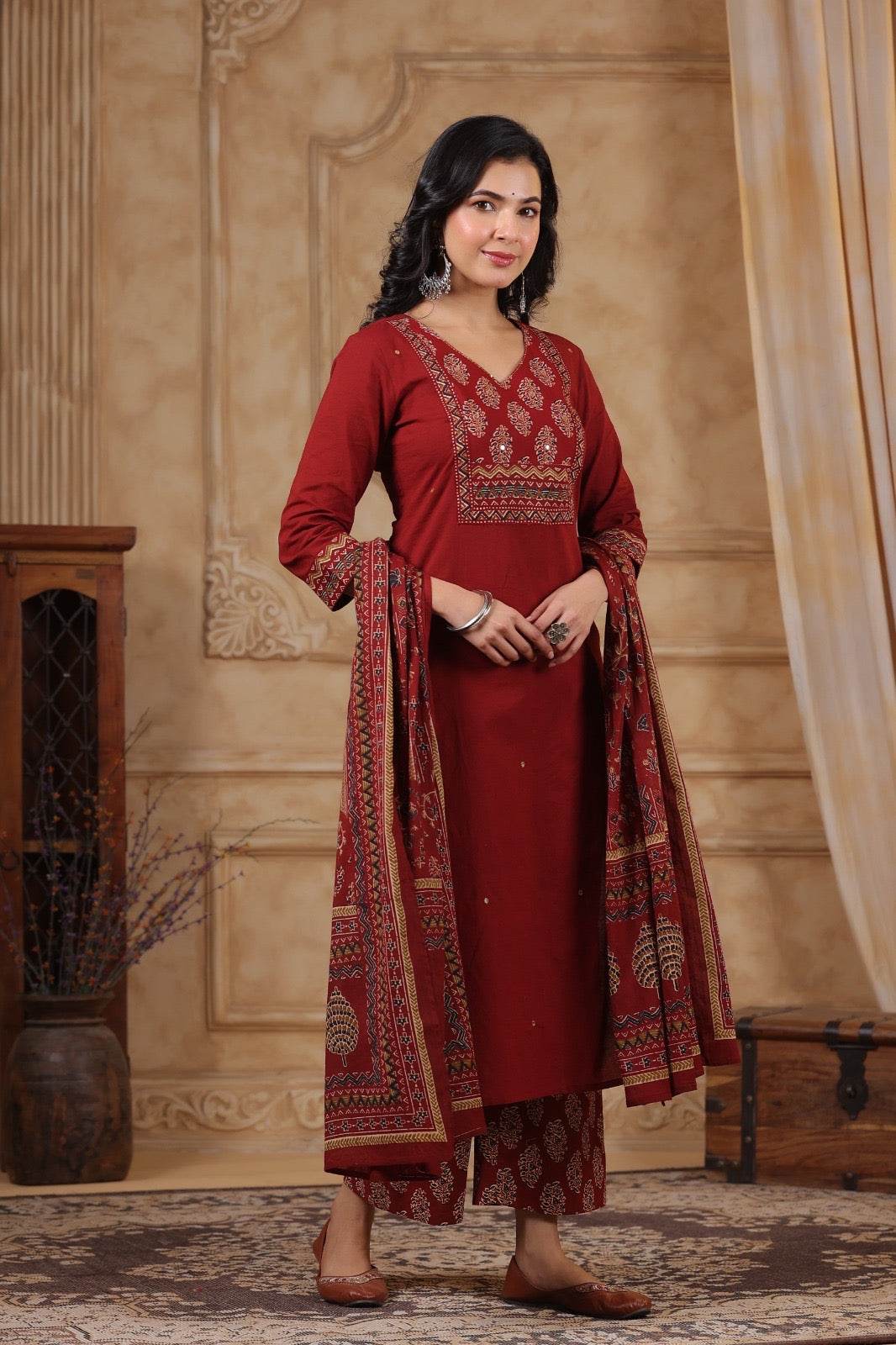 Ajrakh Printed Cotton Suit For Women - Vijay Laxmi