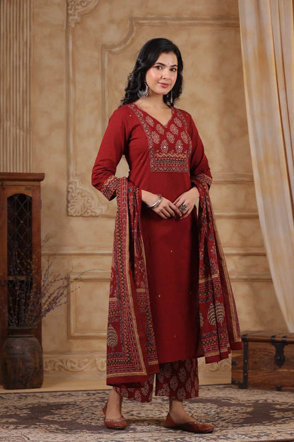 Ajrakh Printed Cotton Suit For Women - Vijay Laxmi