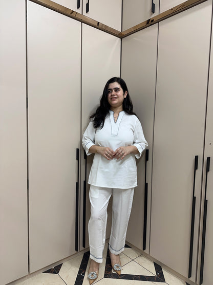 Ivory Hand-Embroidered Cotton Flex Kurta Pant Co-ord Set