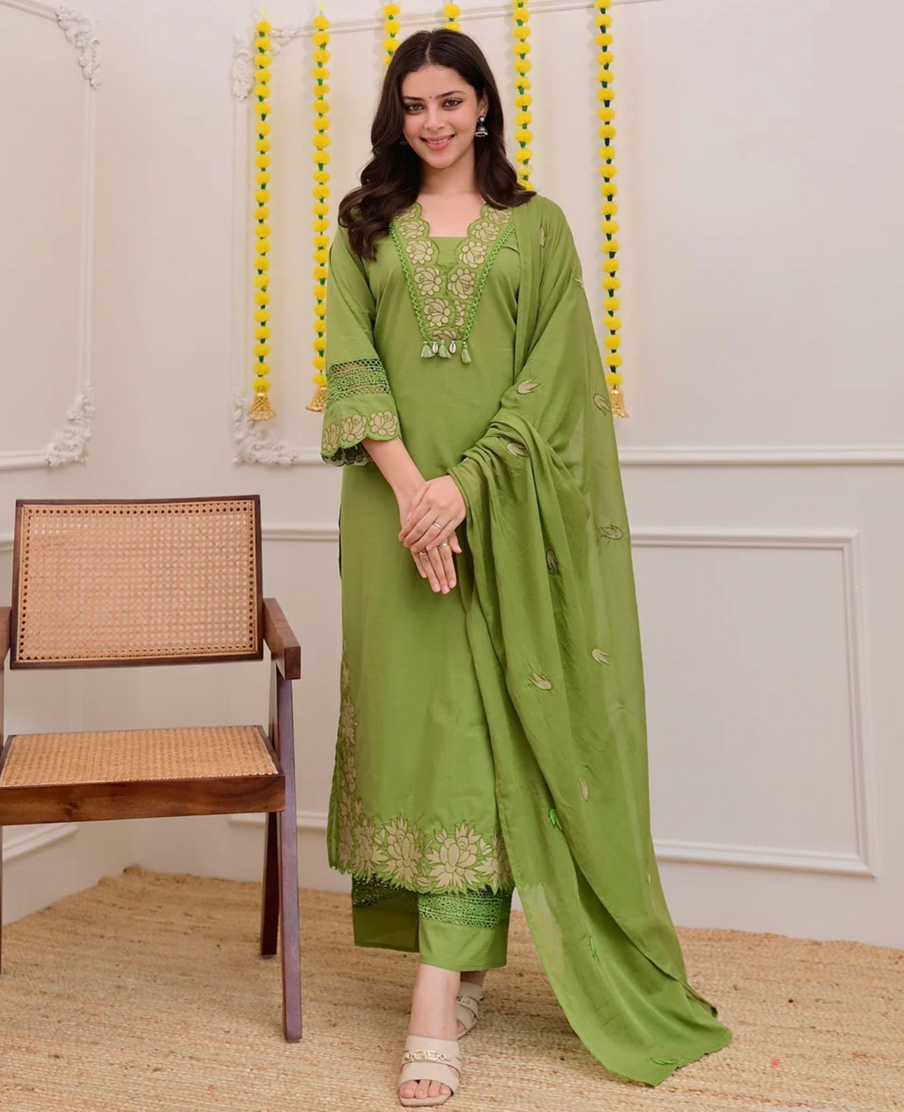 Gaurangi Embroidered Cotton Kurti Pant Dupatta Set – Thread & Lace Green