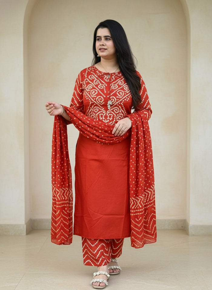Amayra Cotton Kurta Embroidery Work Kurti Pant And Dupatta -Orange