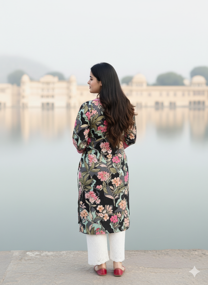 Premium Floral Black Cotton Kurti For Women