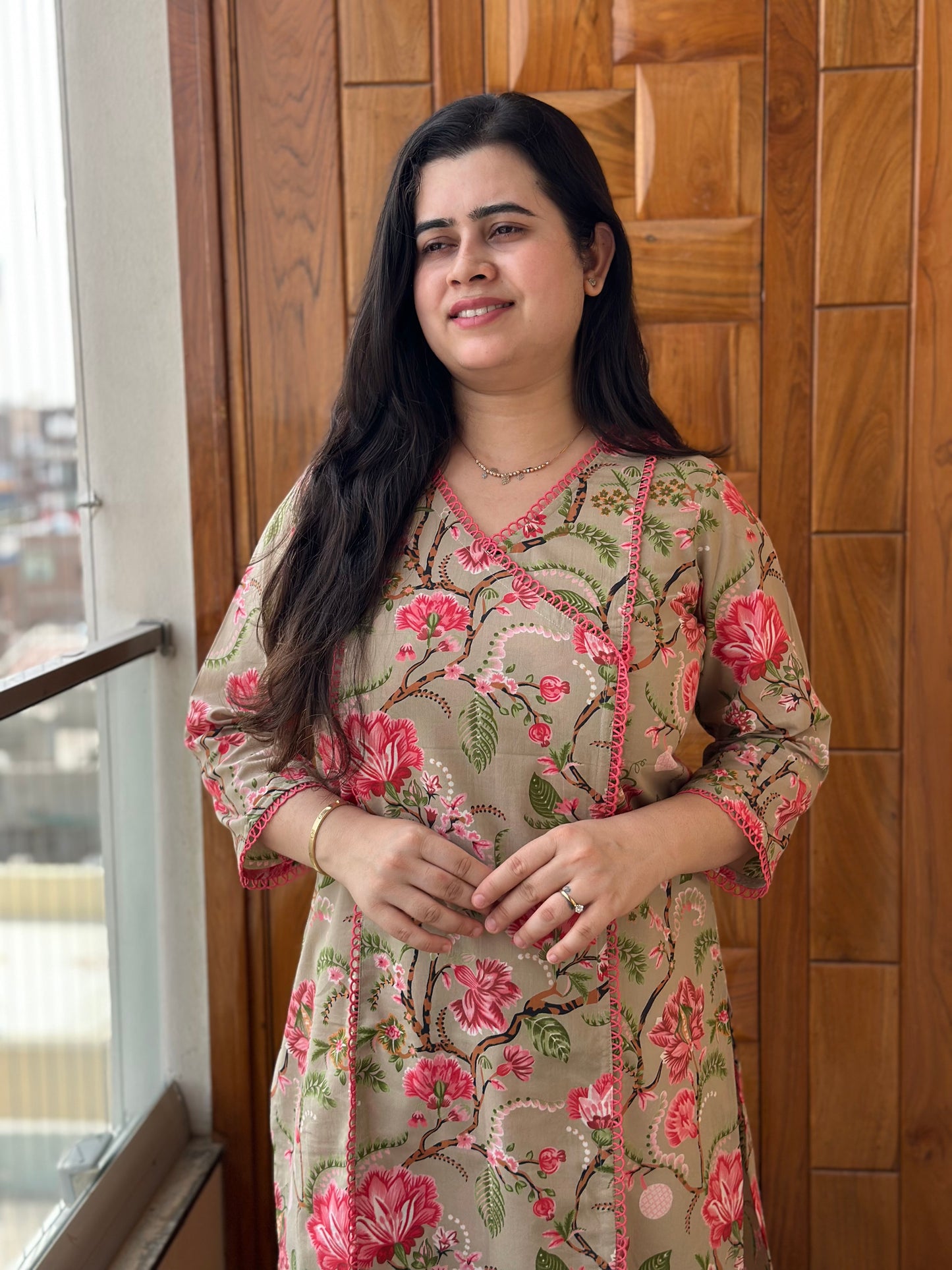 Gulmohar Cotton kurti for women Kalamkari beige
