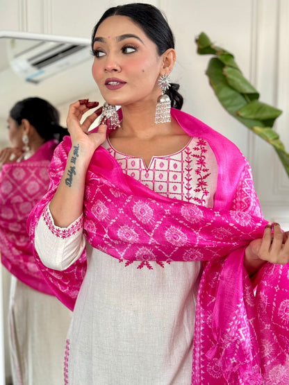 Off White Embroidered Cotton Flex Suit Set with Cotton Silk Dupatta