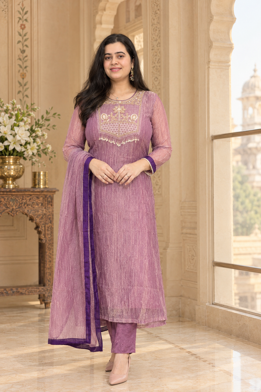 Nazara Mauve Tusser Silk Suit Set with Embroidered Neckline & Cotton Lining