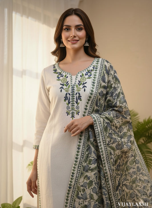 Off White Embroidered Cotton Flex Suit Set with Cotton Silk Dupatta