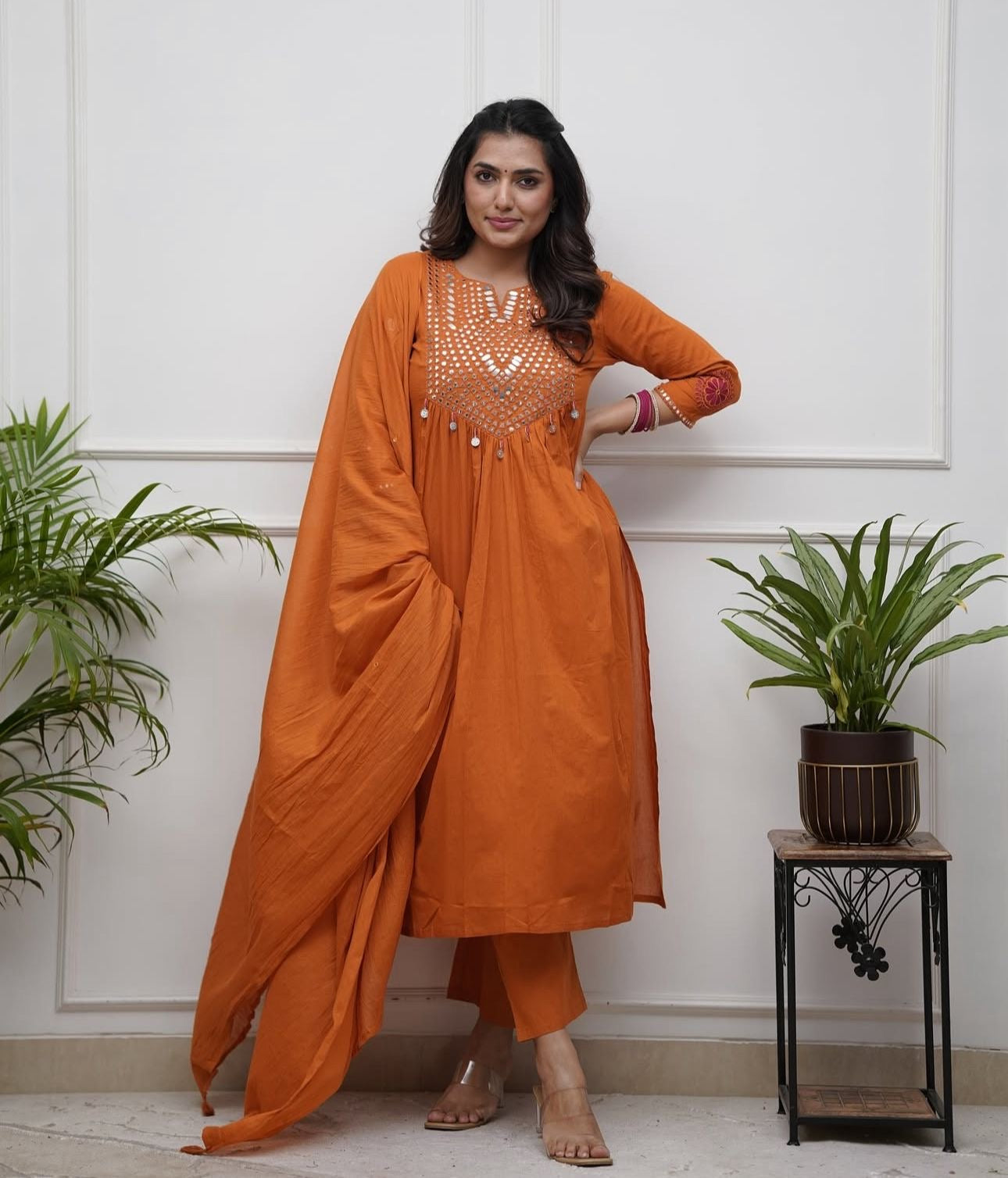 Orange Cotton Kurti Pant Dupatta Set – Threadwork & Mirror Work