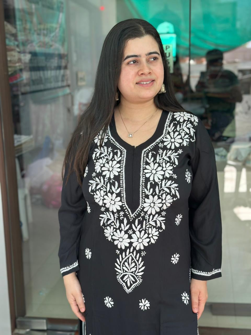Chikankari Modal Kurti Black