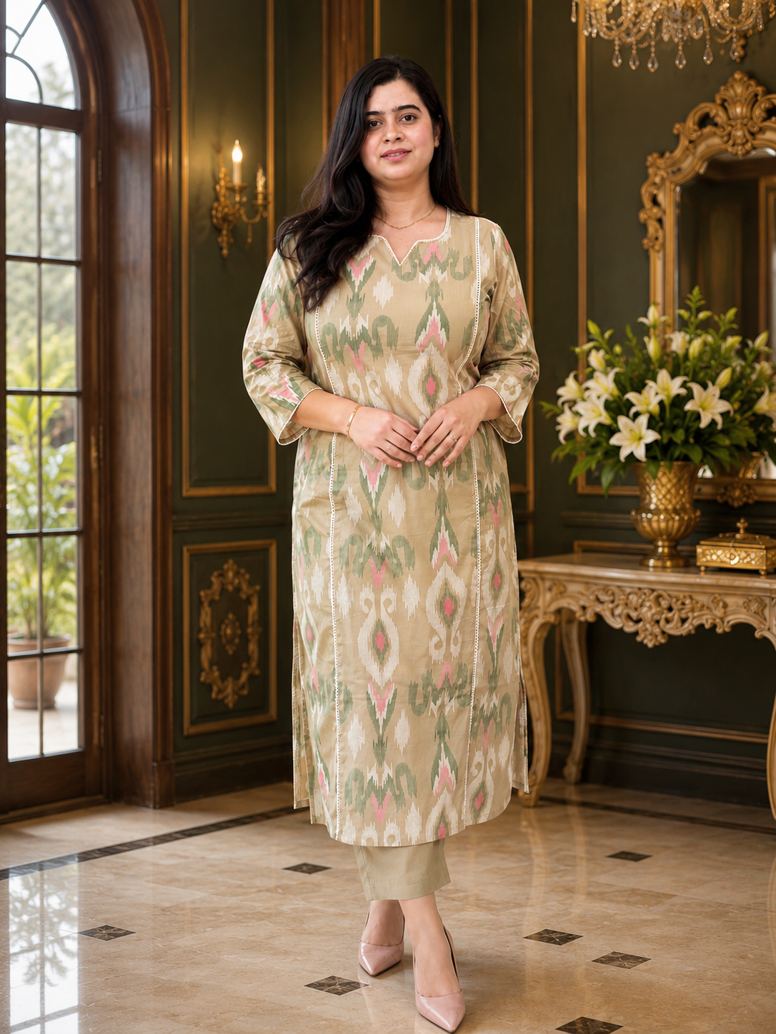 Mehar premium cotton Kurta & Pant Ikkat Beige