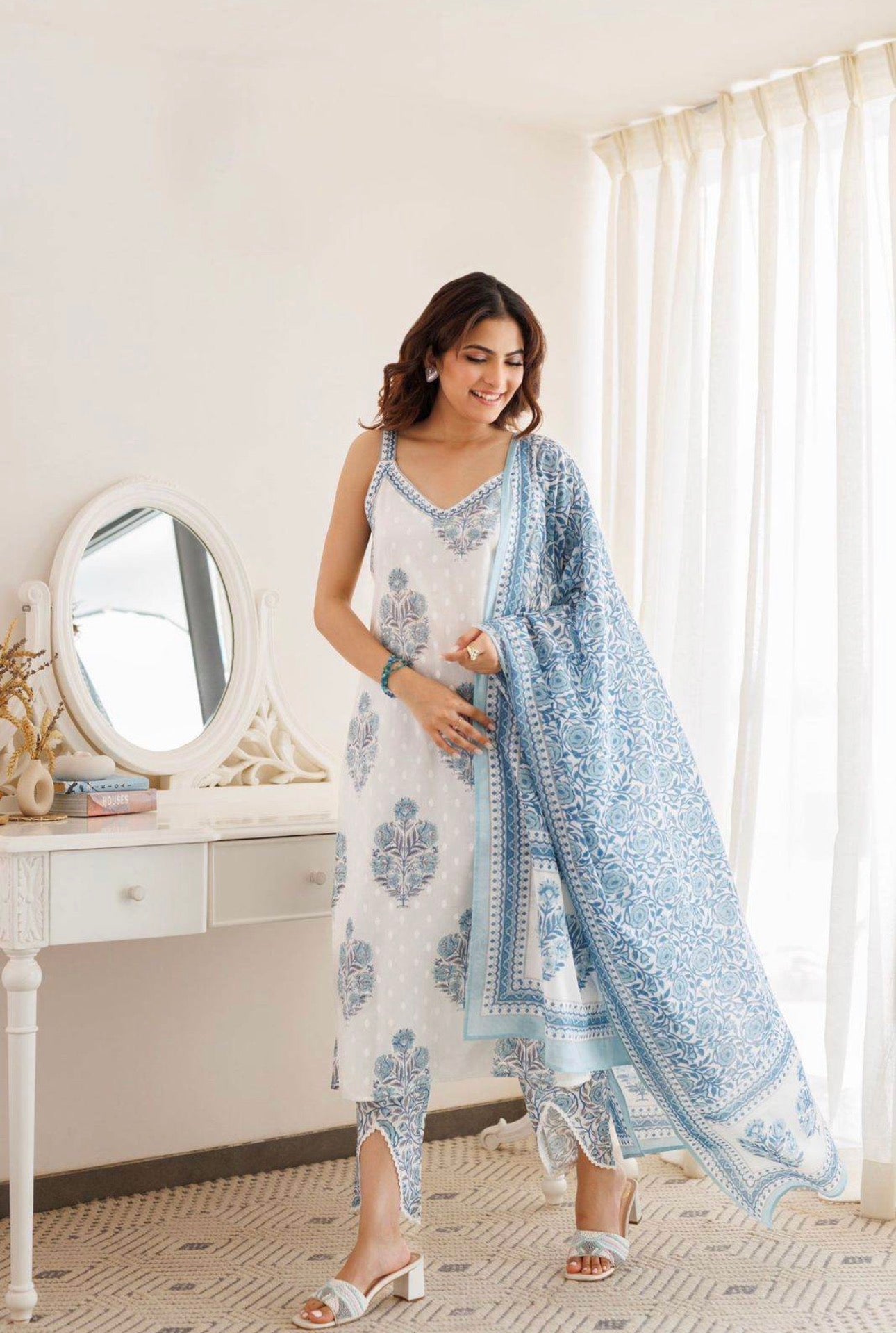 White Block Printed Cotton Cut Sleeves Kurti Pant And Dupatta Set