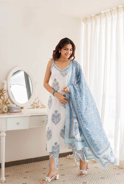 White Block Printed Cotton Cut Sleeves Kurti Pant And Dupatta Set