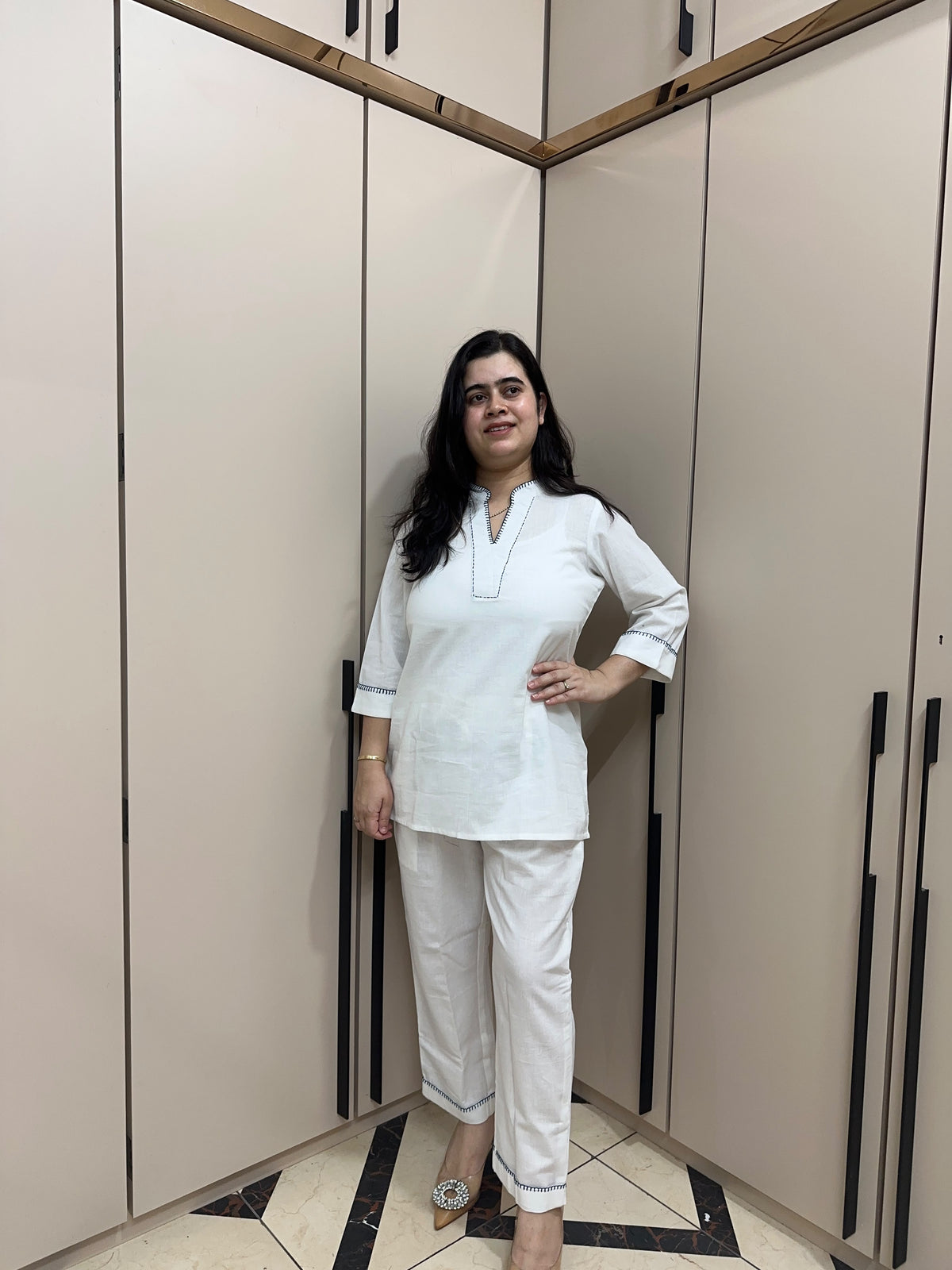 Ivory Hand-Embroidered Cotton Flex Kurta Pant Co-ord Set