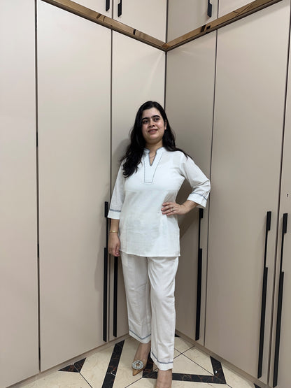 Ivory Hand-Embroidered Cotton Flex Kurta Pant Co-ord Set