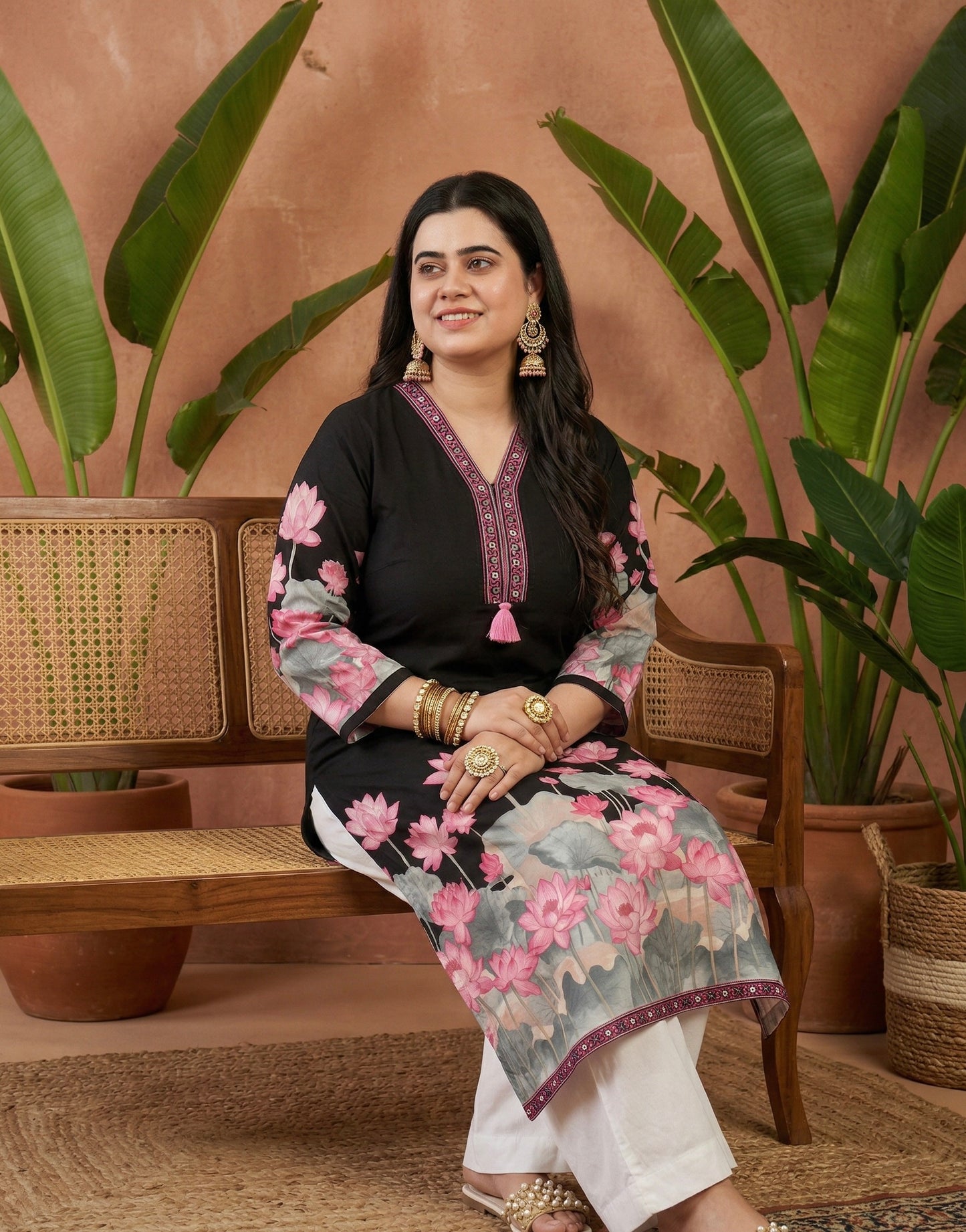 Airy Cotton Floral kurti for women- Black