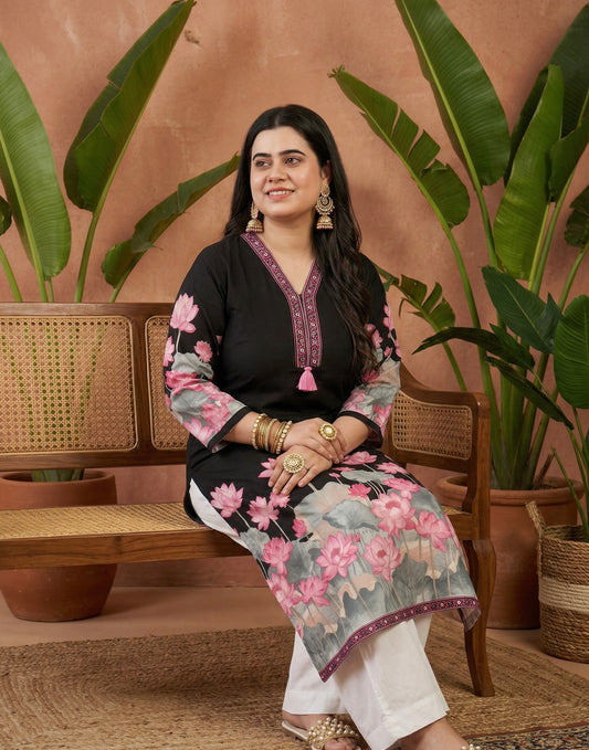Airy Cotton Floral kurti for women- Black