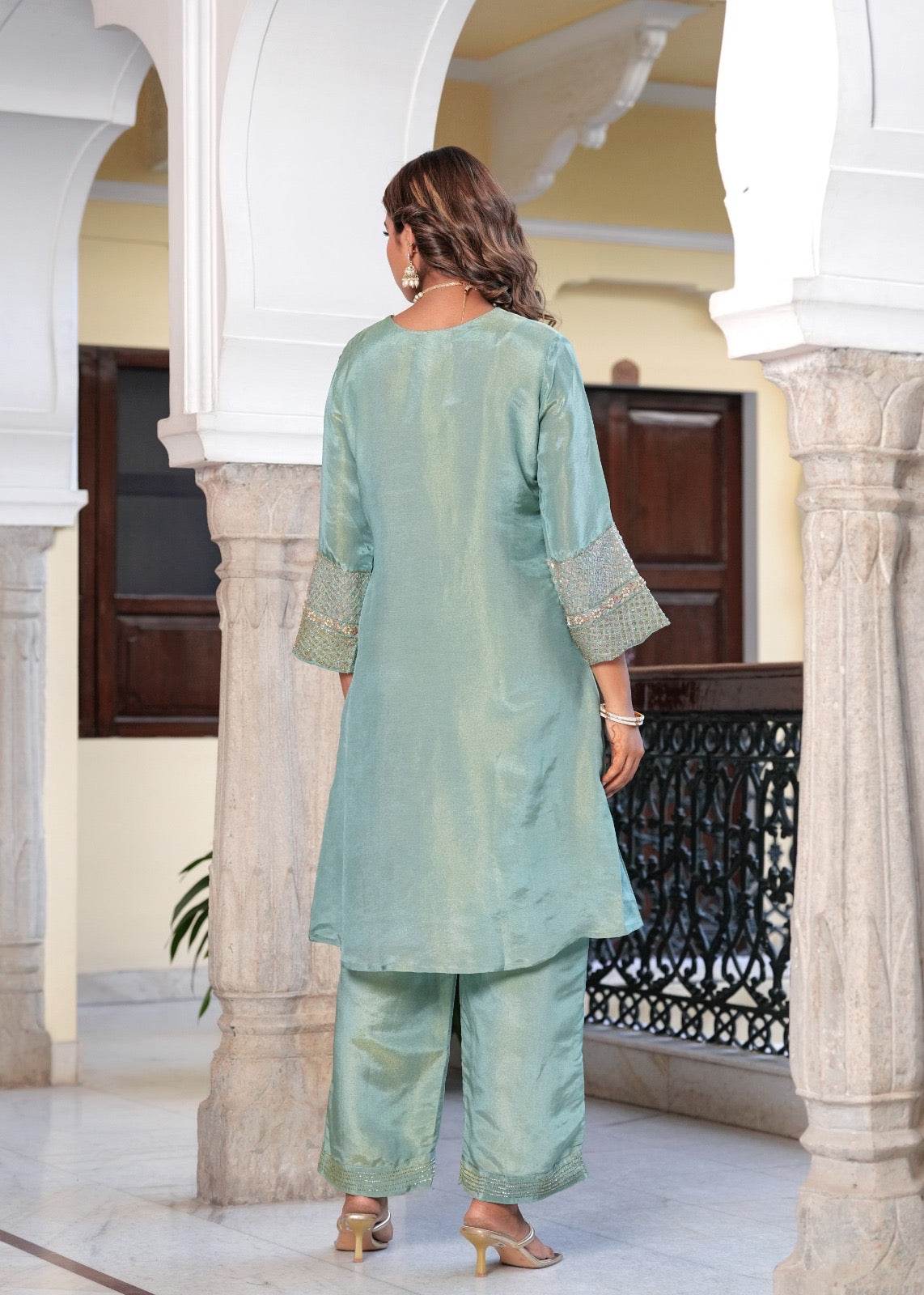 Shimmer Silk suit For Women Aqua - Vijay Laxmi