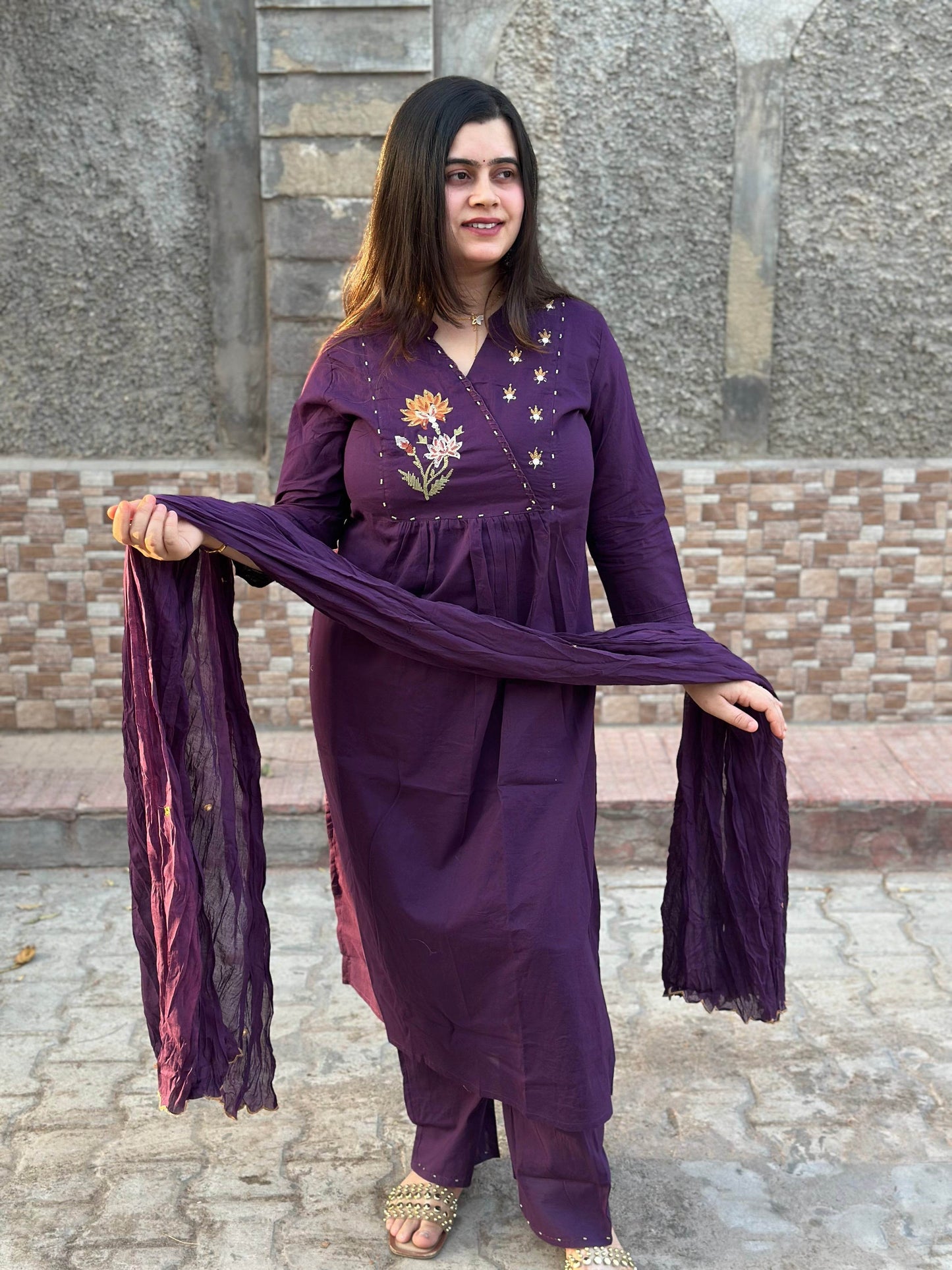 Cotton kurta set for women with dupatta Purple - Vijay Laxmi